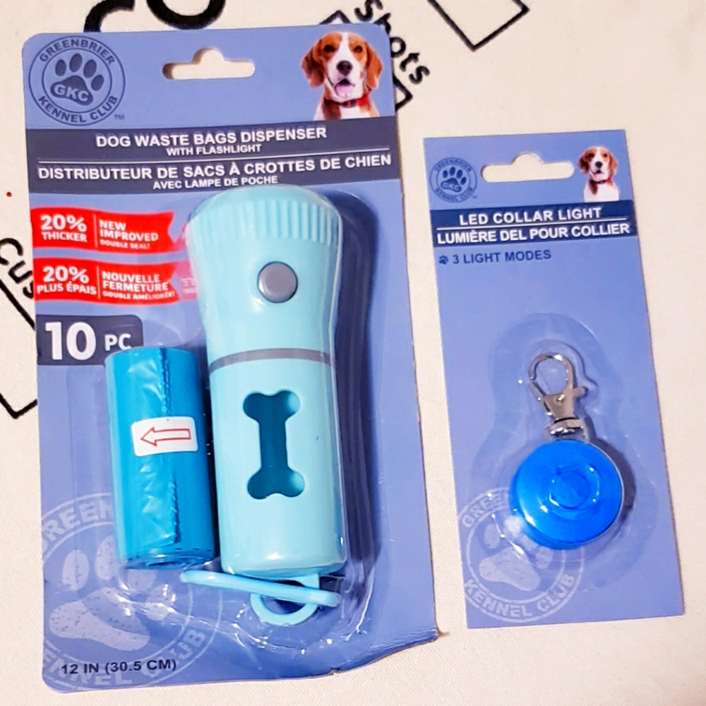 Dog waste bags dispenser with flashlight and LED collar light